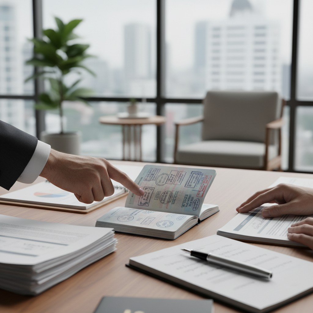 Two hands, partially visible, hover over a desk with open documents.