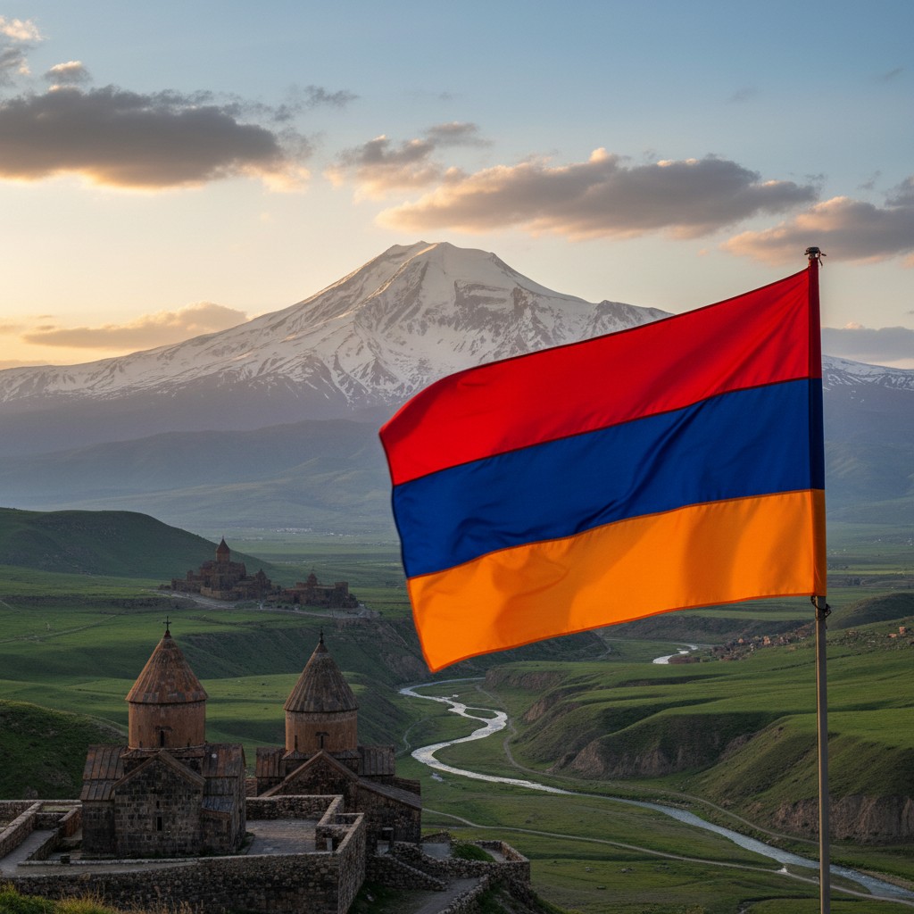 Image of the Armenian national flag in the foreground of a rolling landscape featuring a historic stone church, and Mount ...