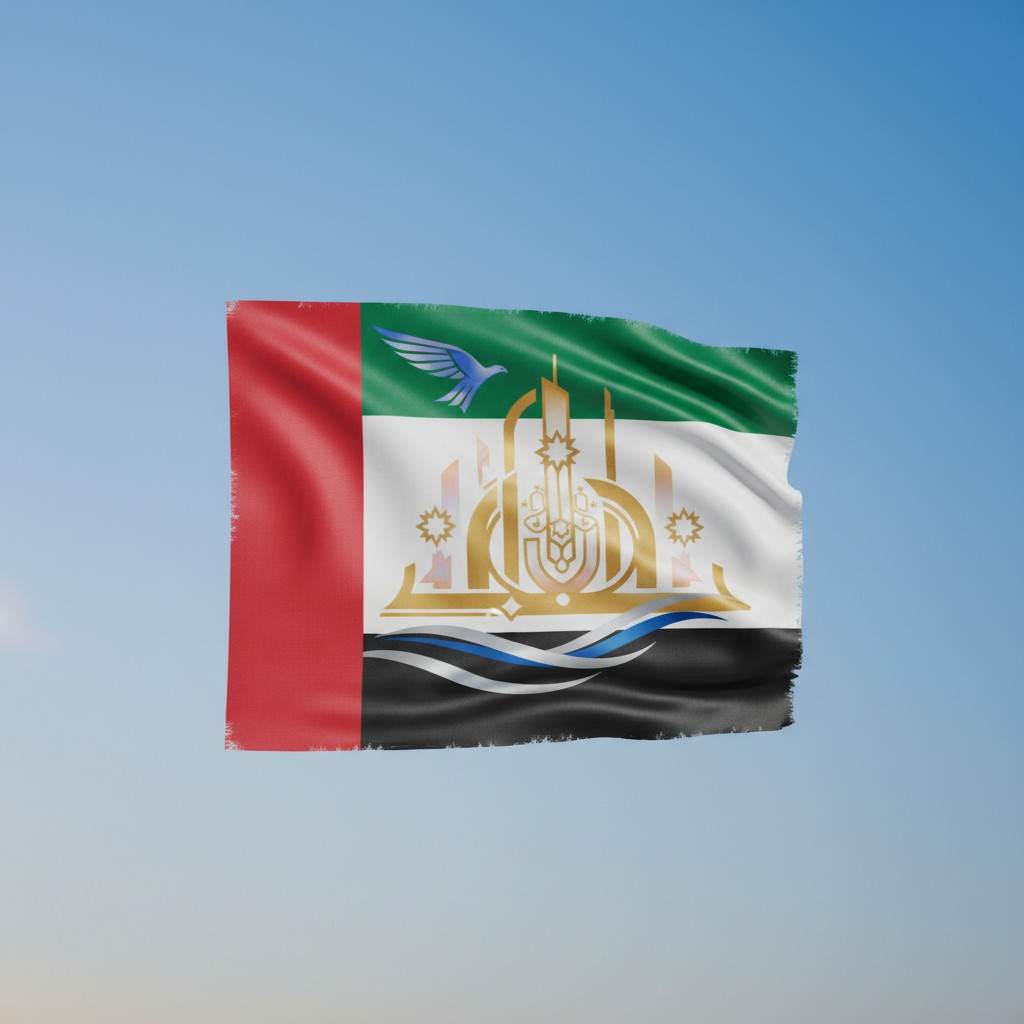 The image features a flag against a blue sky background, likely representing a country's national emblem.