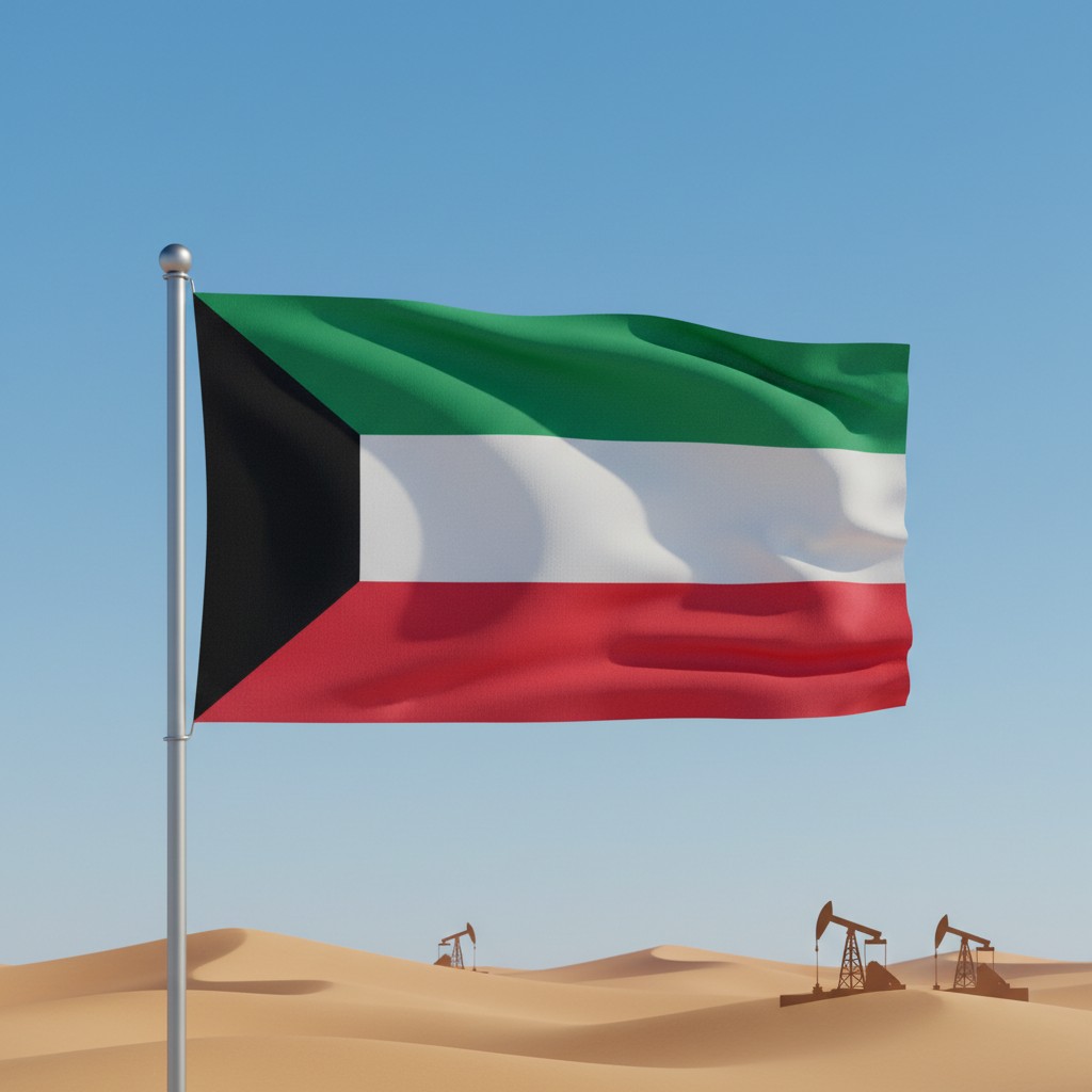 The flag of Kuwait is depicted in the image, with a desert landscape featuring oil pumps in the background.