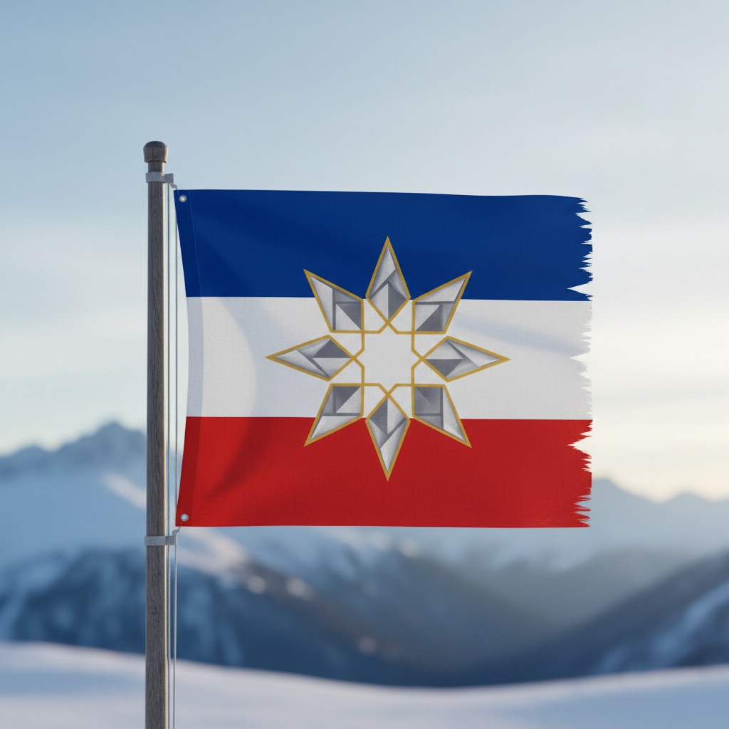 The flag of the Bosniaks in the snow. Shows a horizontal striped flag of white, blue, and red; in the center of the light ...