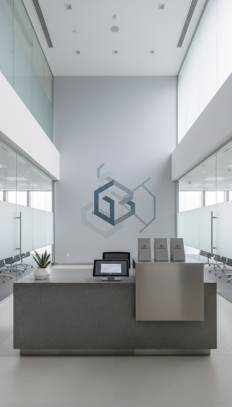 A sleek, modern office reception desk crafted from textured matte stone and brushed stainless steel, with a neatly organized arrangement of digital devices, branded folders, and a small geometric plant pot. The desk sits in a spacious, open lobby featuring neutral-toned walls, glass partitions, and subtle wall graphics echoing the GlobalBandhu logo. Soft, diffused daylight streams from tall windows, creating balanced highlights and minimal shadows, emphasizing clean lines and corporate order. Captured from an eye-level perspective with sharp focus, the composition uses symmetrical framing to convey a calm, professional mood. The image aesthetic is minimalist, photographic realism, tailored for a business consultancy setting.
