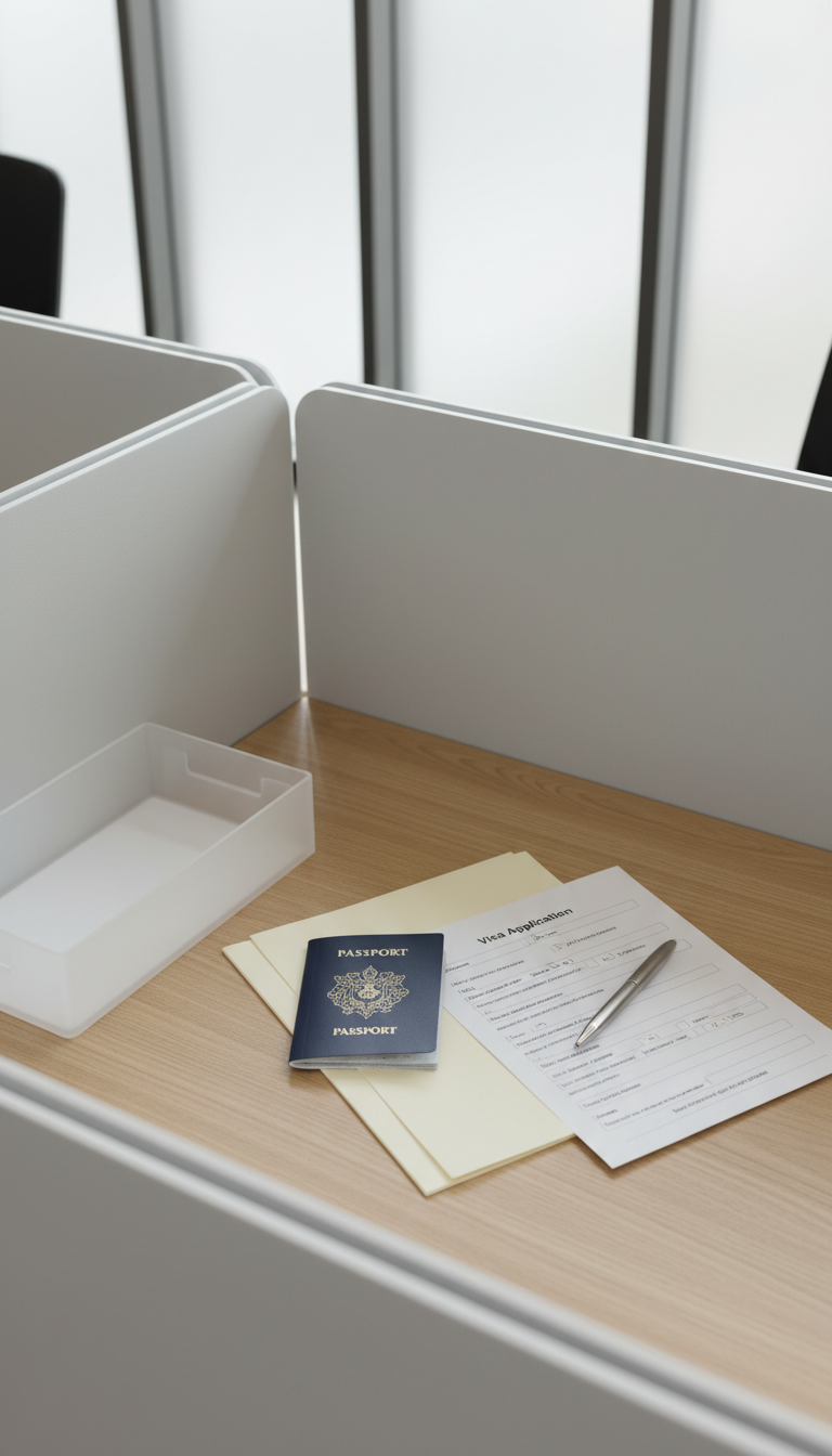 A meticulously arranged desktop featuring a closed, navy-blue passport with embossed gold detailing, a glossy visa application form aligned perfectly beside it, and a stainless steel pen resting atop crisp, neutral-toned documents. The surface is a refined light oak, surrounded by smooth, pale workstation dividers and an empty, modern file tray. Gentle, natural daylight filters in through frosted office windows, giving the scene a soft, even illumination with subtle shadows under the objects. The overhead angle and tight composition highlight structure and organization, projecting an air of professionalism and reliability in a corporate, immigration consultancy context.