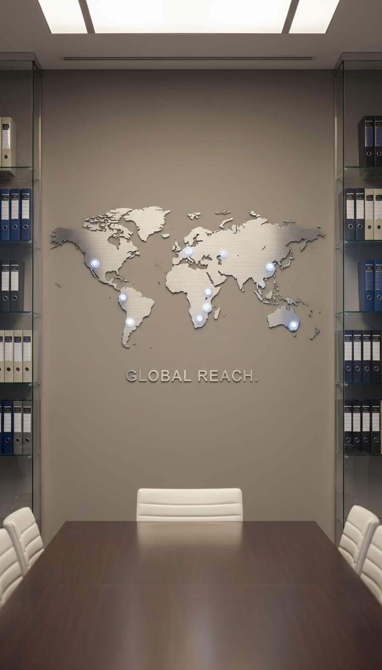 An elegant, modern world map rendered in brushed metal relief and set against a smooth taupe wall, with selected global destinations indicated by small, backlit acrylic markers. The wall is part of a high-end boardroom, framed with neutral furnishings and glass shelving containing neatly-arranged legal binders. Ambient ceiling lighting casts a soft glow, producing gentle reflections on the metallic surfaces and contributing to a composed, corporate atmosphere. The wide-angle shot is perfectly aligned with the map at center, employing clean composition and balanced symmetry. The image emphasizes sophisticated global scope and precision, suited for a professional immigration consultancy site.